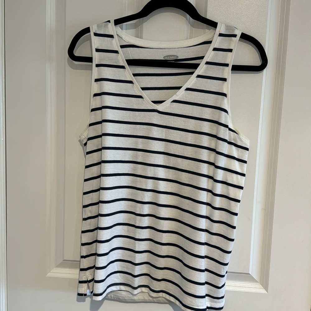 V neck navy and white striped tank top